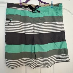 Patagonia Men’s Board Shorts Sz 36 Green Gray Striped Surf Swim Trunks Worn Wear